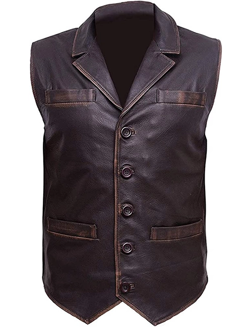 Trendhoop Men's Brown Cowhide Leather Distressed Vest