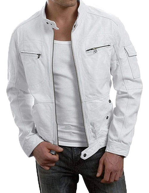 Men's Biker White Leather Jacket