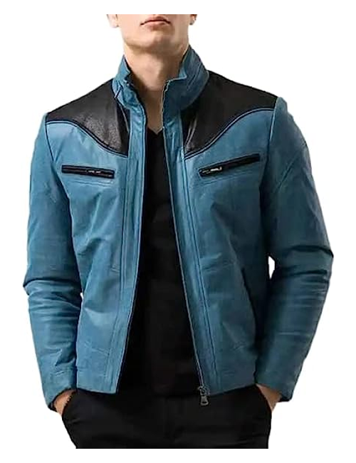 Biker Style Blue Leather Jacket