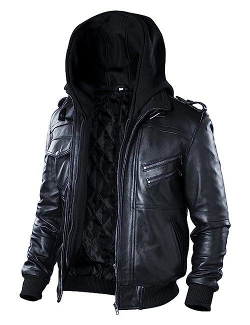 Leather Jacket with Removable Hood