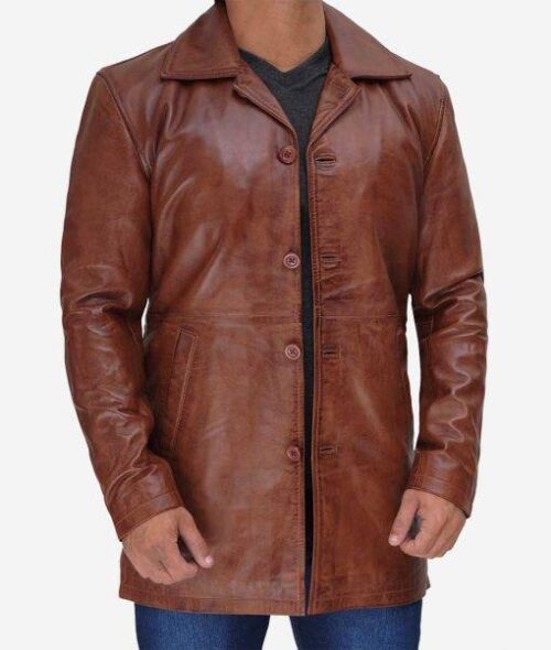 Men’s Tan Leather Car Coat